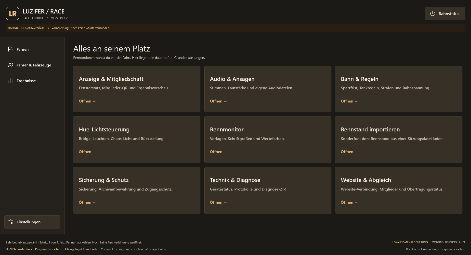 LR 1.2: neun alphabetisch angeordnete Einstellungskacheln