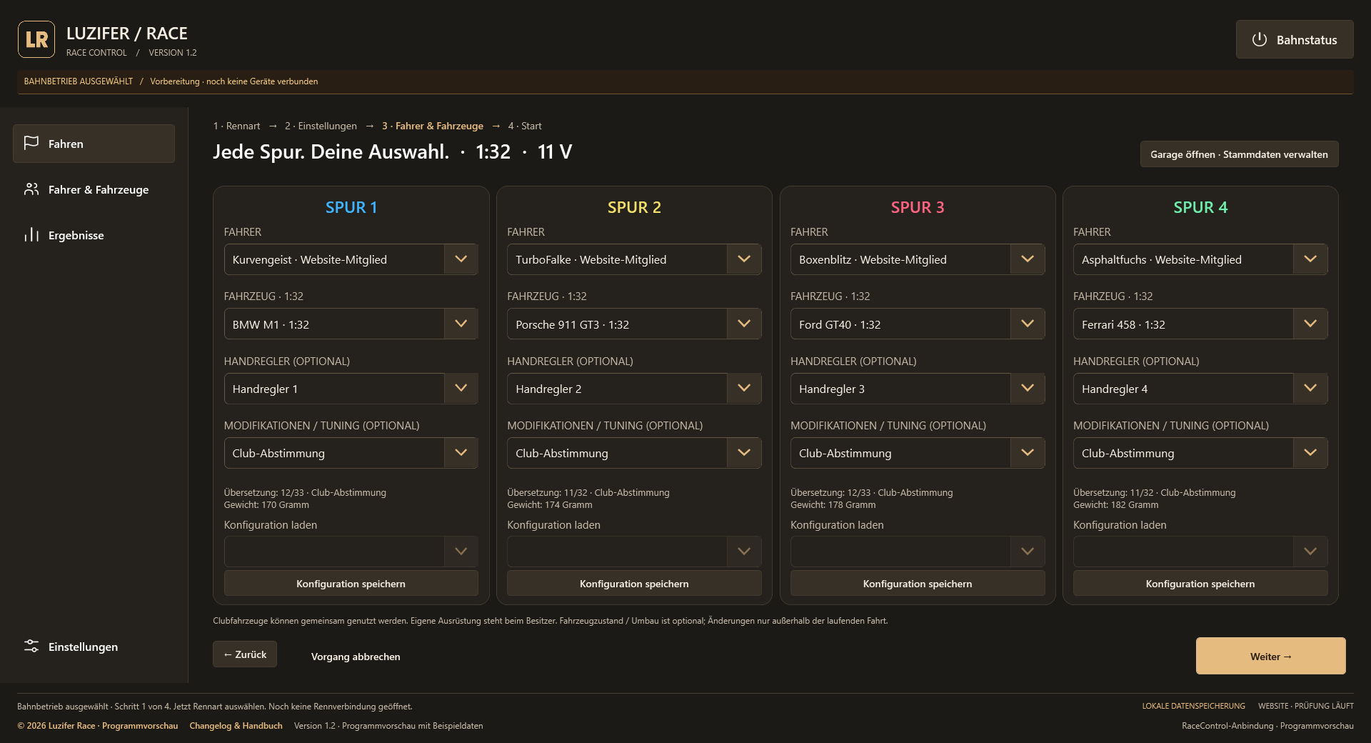 LR 1.2: vier gleich breite Spurspalten mit Phantasienamen, Übersetzung und optionalem Gewicht
