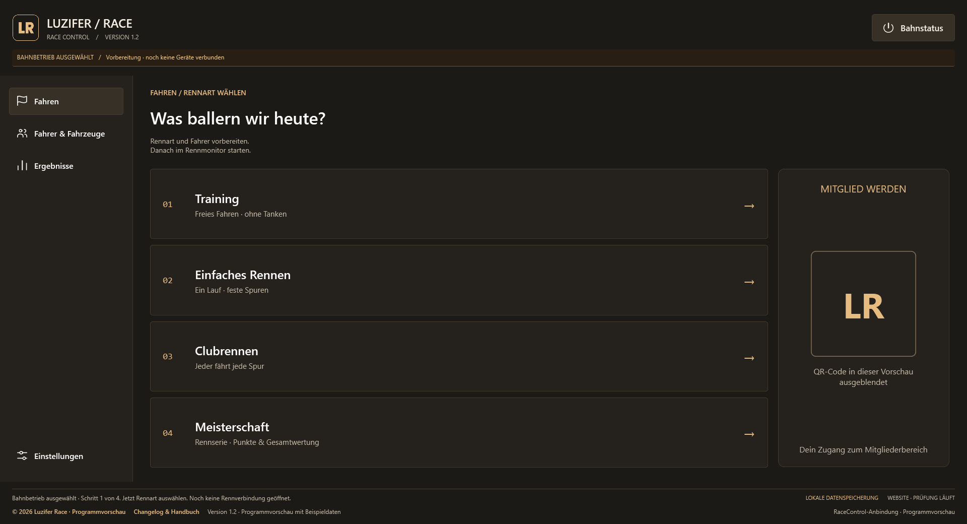 Luzifer Race 1.2: Hauptübersicht mit vier Rennarten und neutralem Mitgliedschaftsfeld ohne echten QR-Code